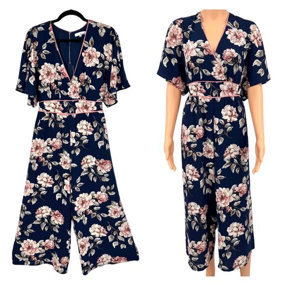 June & Hudson Jumpsuit Medium Navy Pink Cropped Wide Leg Dolman Sleeve - Picture 11 of 11